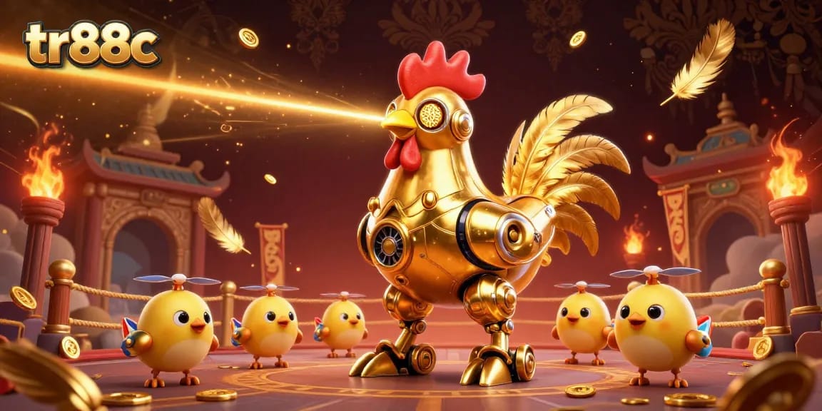 tr88c captures a high-octane casino scene with a robotic rooster shooting golden patterns.
