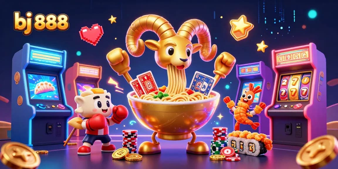 Join the excitement with bj 888, where a giant ramen bowl and sushi dealer create a vibrant casino scene.