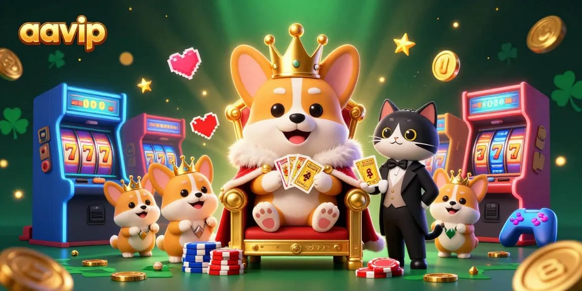 Aavip showcases fun gameplay through cartoon characters in an exciting casino-themed scene.