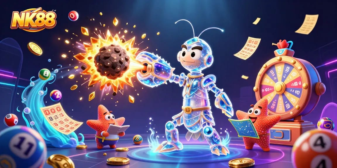 Experience thrilling gameplay at NK88 with vibrant slot reels and colorful lottery elements in a vivid 3D illustration.
