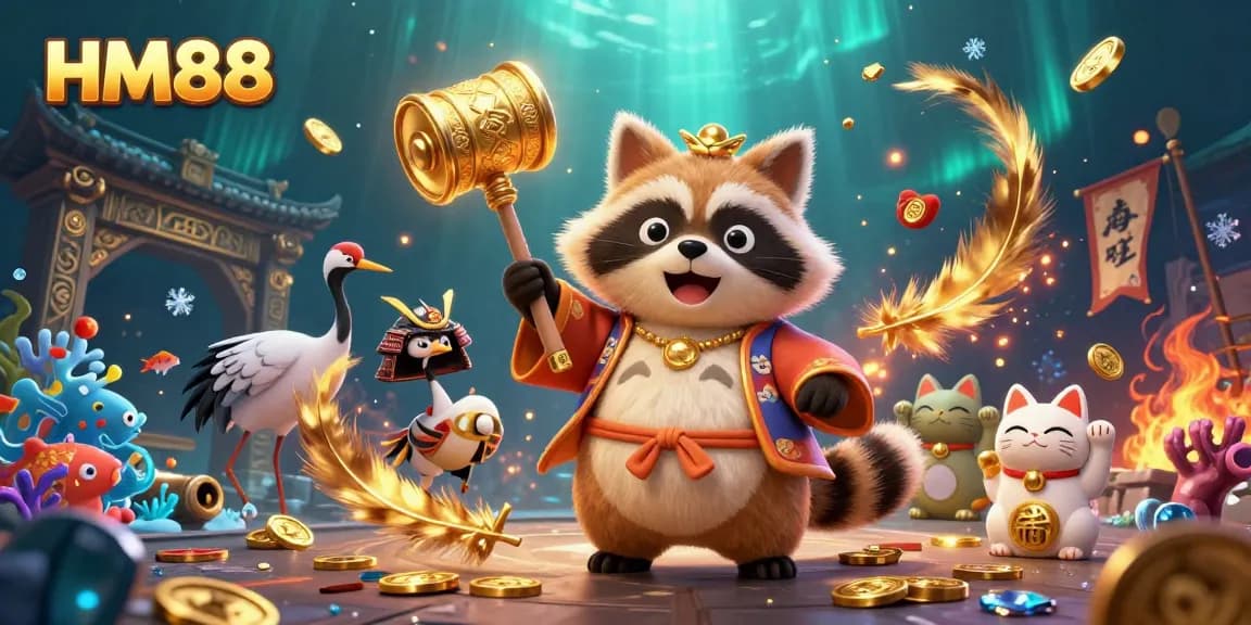 Experience fun with HM88's vibrant 3D cartoon scene featuring a cheerful tanuki and lucky symbols.