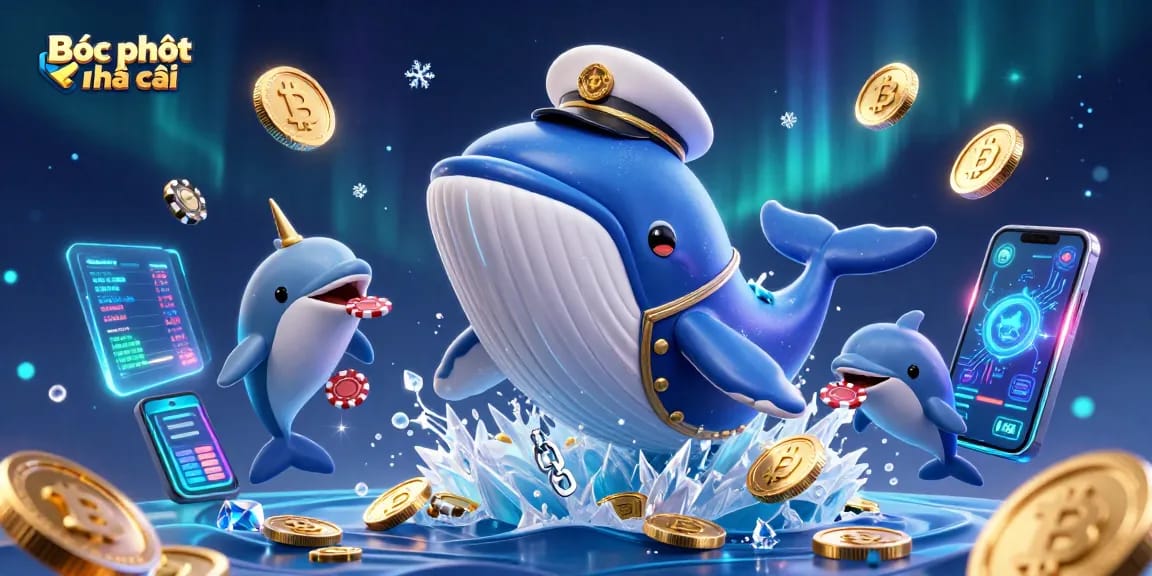 Engage in Bóc phốt nhà cái as whales frolic in a sea of coins amidst crypto elements.