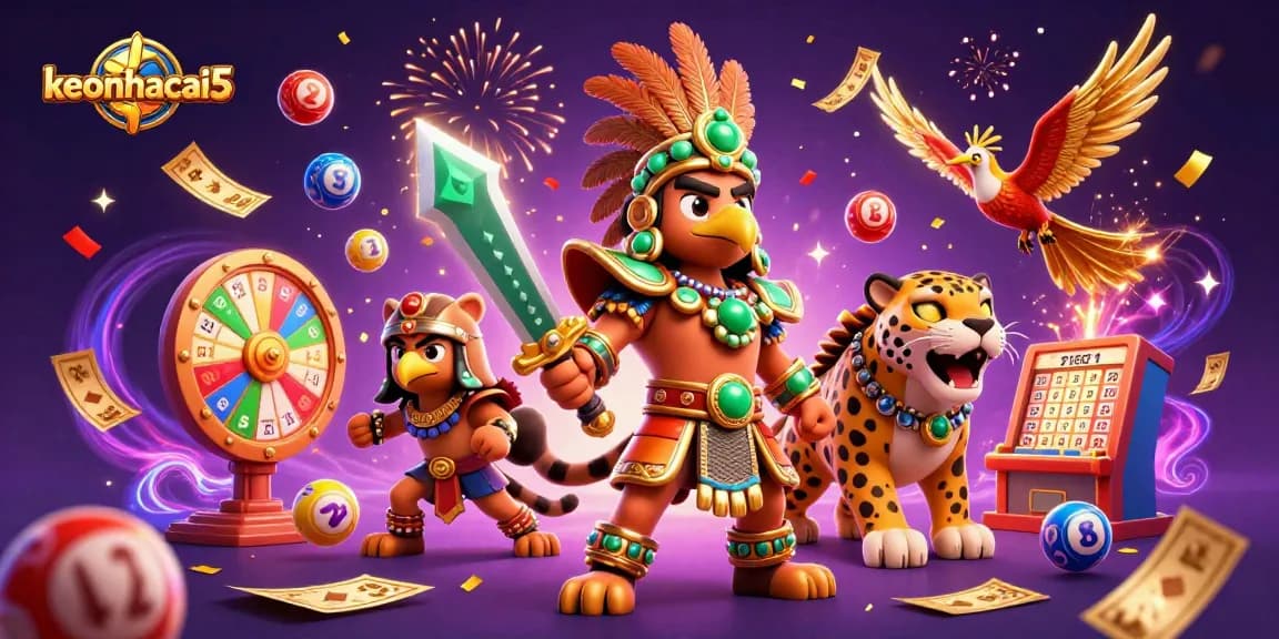 Engage with a vibrant gaming scene featuring keonhacai5, Aztec warriors, and colorful lottery elements.
