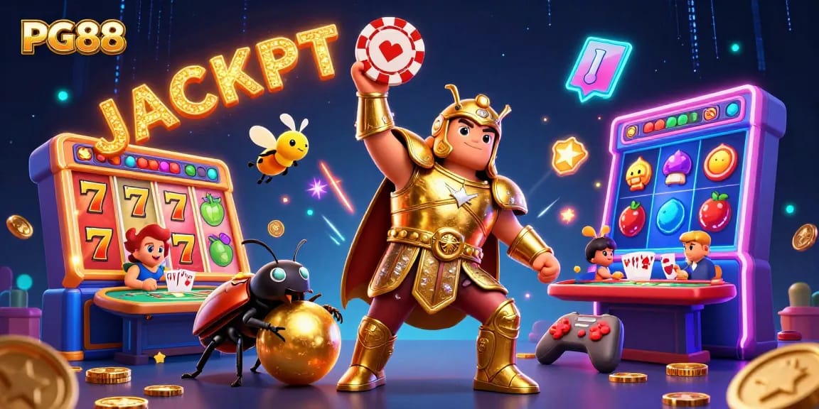 PG88 celebrates a jackpot victory with a vibrant casino-themed scene featuring playful characters, spinning slots, and neon elements.