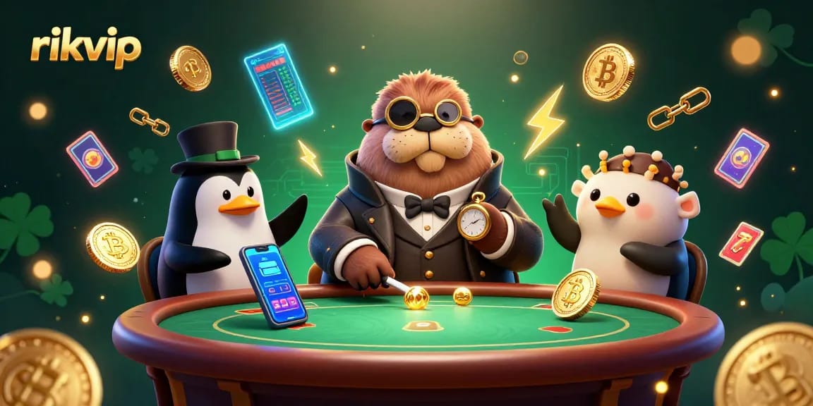 rikvip offers a vibrant underwater poker scene featuring a walrus, penguin dealer, and pufferfish in a dynamic casino atmosphere.