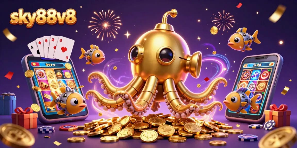 Engage with sky88v8's thrilling golden casino experience featuring a kraken submarine and slot games.