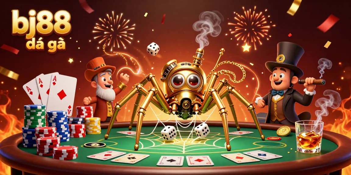 Experience thrilling bj88 đá gà action with vibrant visuals of a steampunk spider and dynamic gambling elements.