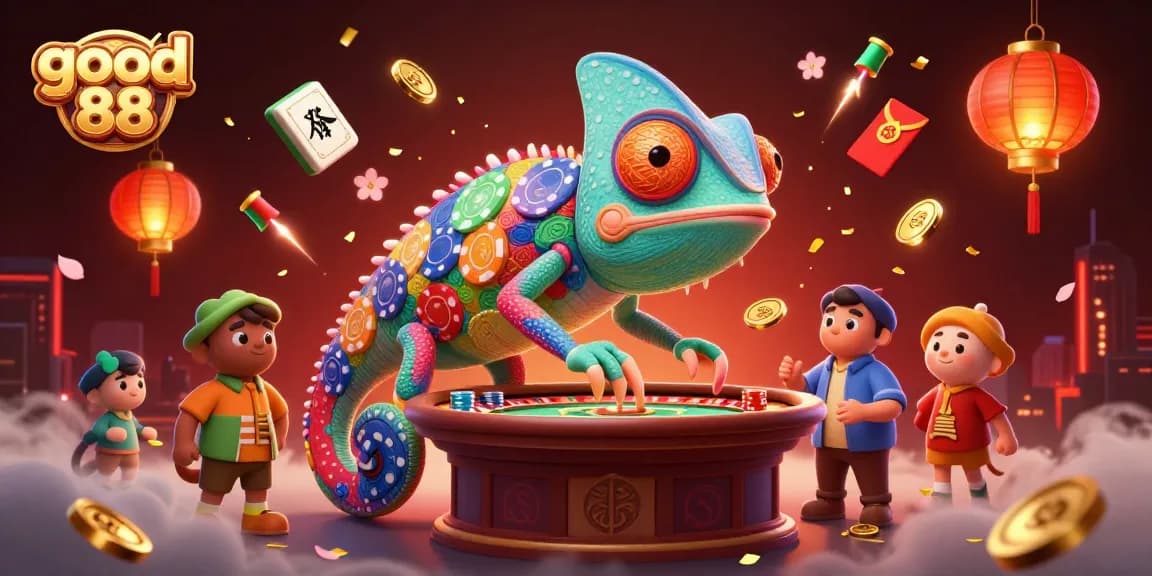 Experience the excitement of good 88 with the dynamic chameleon casino owner snatching golden coins amidst vibrant gambling elements.
