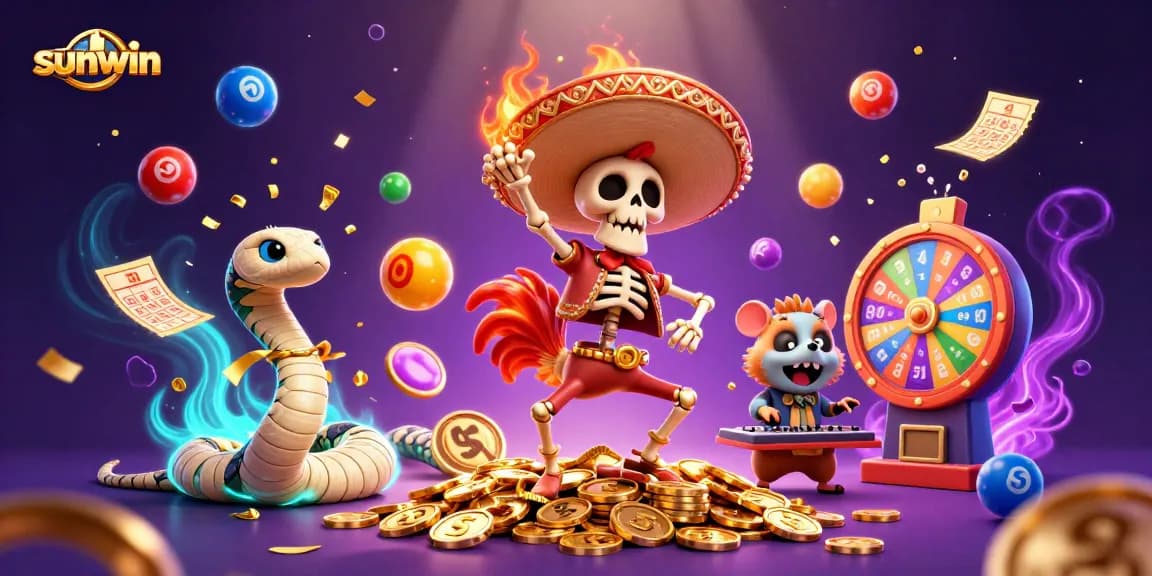 Experience sunwin's thrilling gaming adventure with lively characters celebrating amidst a dazzling prize scene.