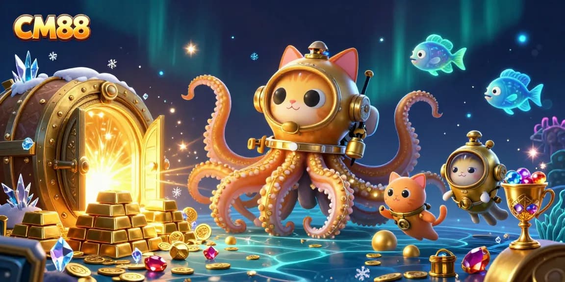CM88 showcases a dynamic scene with a magnificent kraken and treasure-filled casino elements.