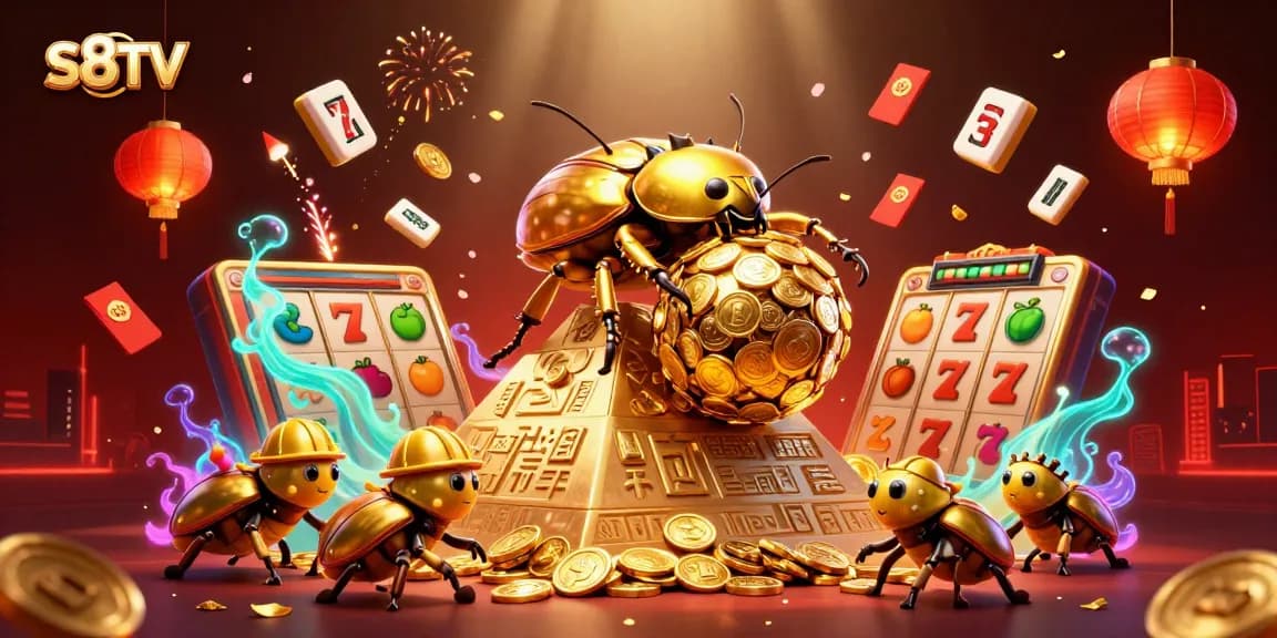 S8TV showcases a detailed illustration of a golden beetle rolling coins in a vibrant casino-themed scene.
