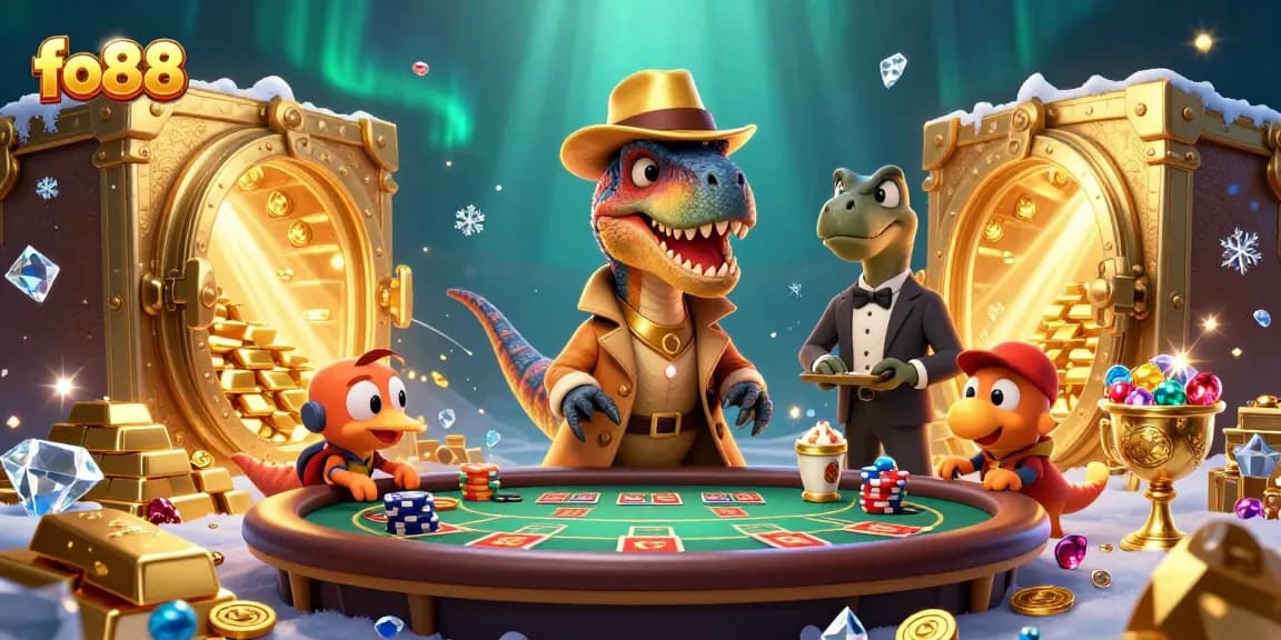 fo88 velociraptor card counter at blackjack table amidst gold treasures and exciting game elements