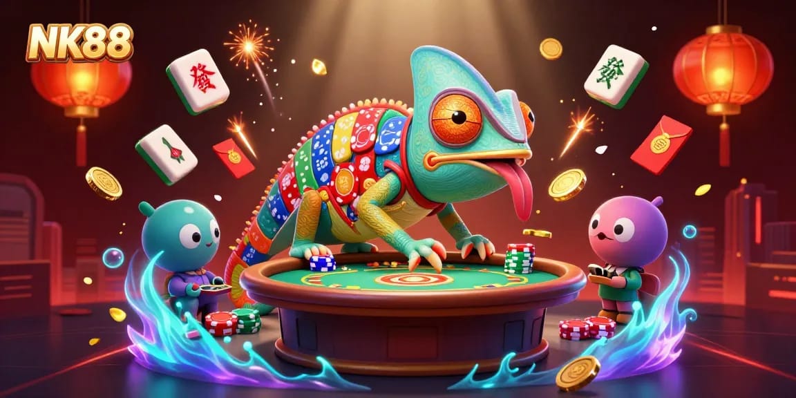 Experience the excitement of NK88 with a vibrant casino illustration showcasing strategic games and fun.