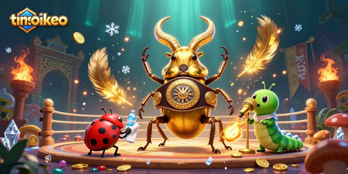 Bet on tinsoikeo with this vibrant 3D illustration of a golden stag beetle and quirky corner-men in an action-packed gambling arena.