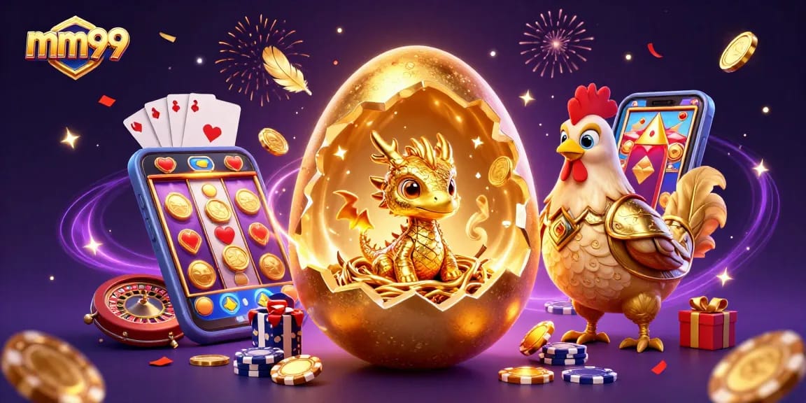 Experience excitement at mm99 with a baby dragon and golden poker chips in a festive casino scene.