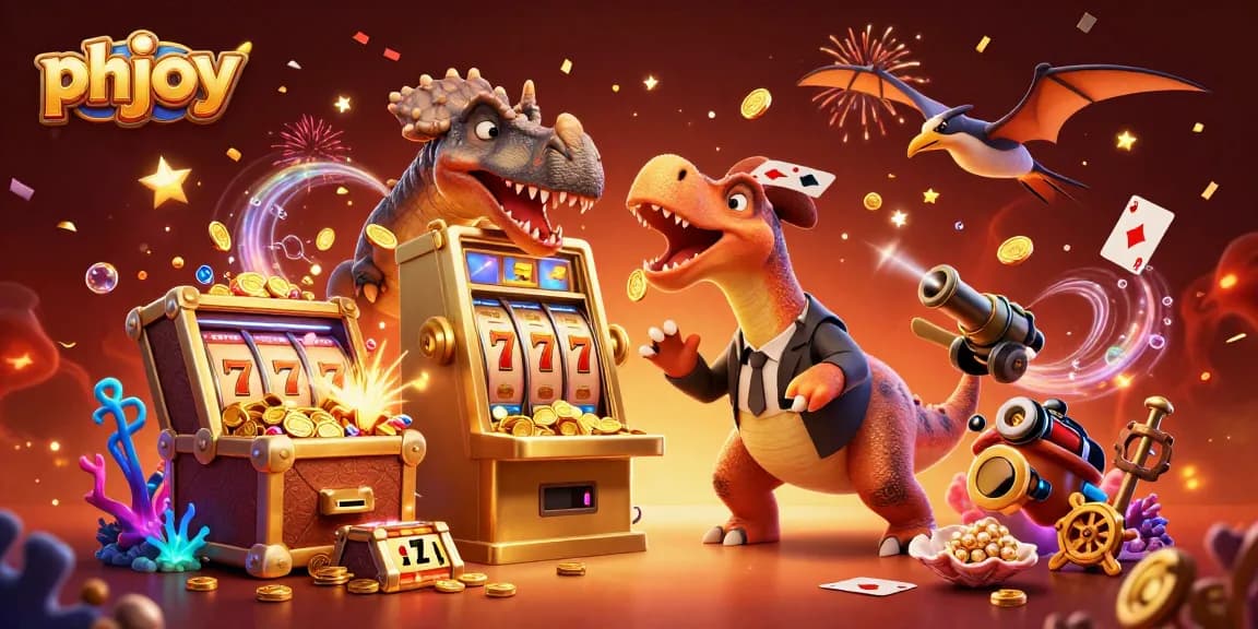 phjoy burst of excitement as a dinosaur hits a jackpot, catching coins and celebrating victory