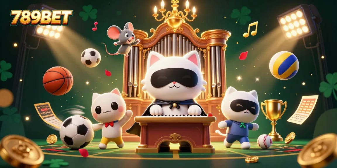 Engage in action-packed gaming with 789BET's vibrantly illustrated casino scene featuring sports balls, characters, and musical notes.