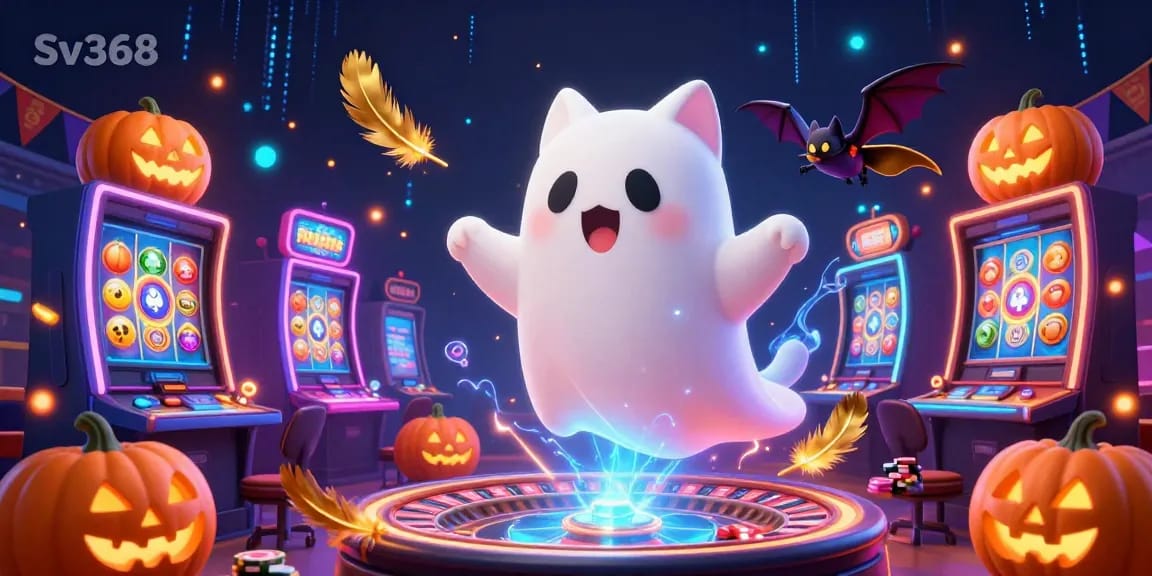 Experience winning thrills at Sv368's vibrant casino scene with floating ghost cat, bat, and glowing symbols.