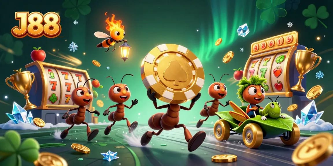 J88 casino heist illustration with ants, poker chip, and dynamic slot elements.