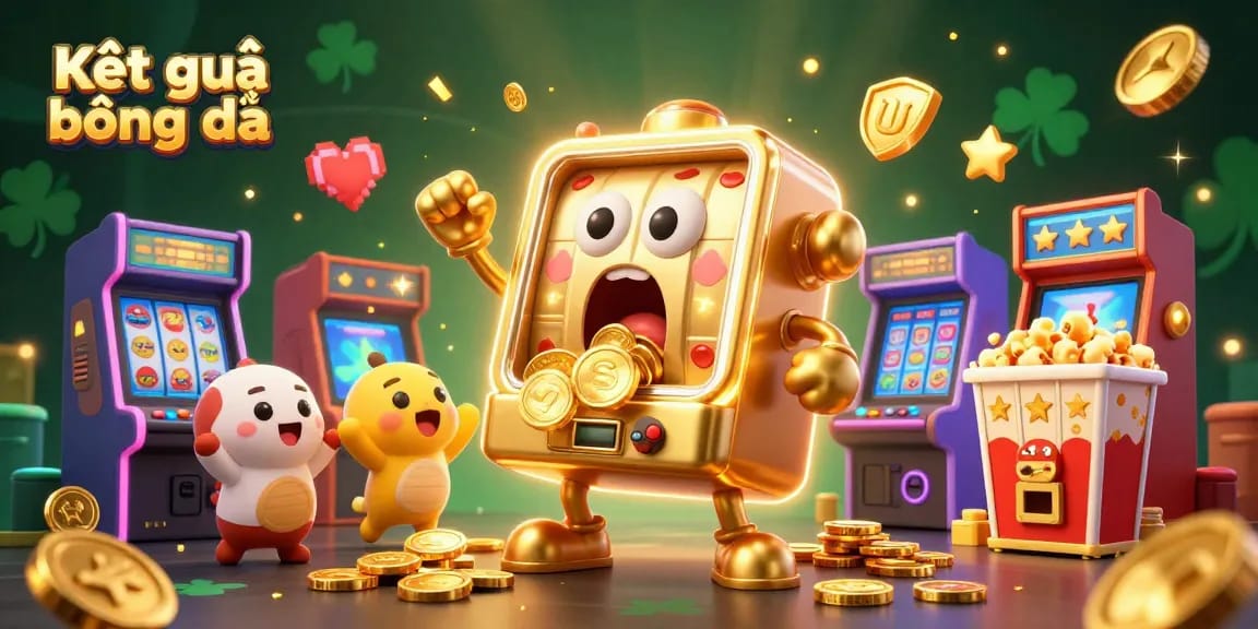 Engaging illustration showing Kết quả bóng đá with a joyful golden slot machine celebrating a jackpot while coins cascade around.