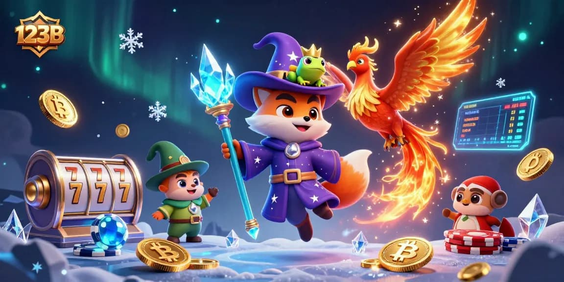 Engage with 123B's vibrant illustration showing a wizard fox, phoenix, and dynamic casino elements for immersive gaming.