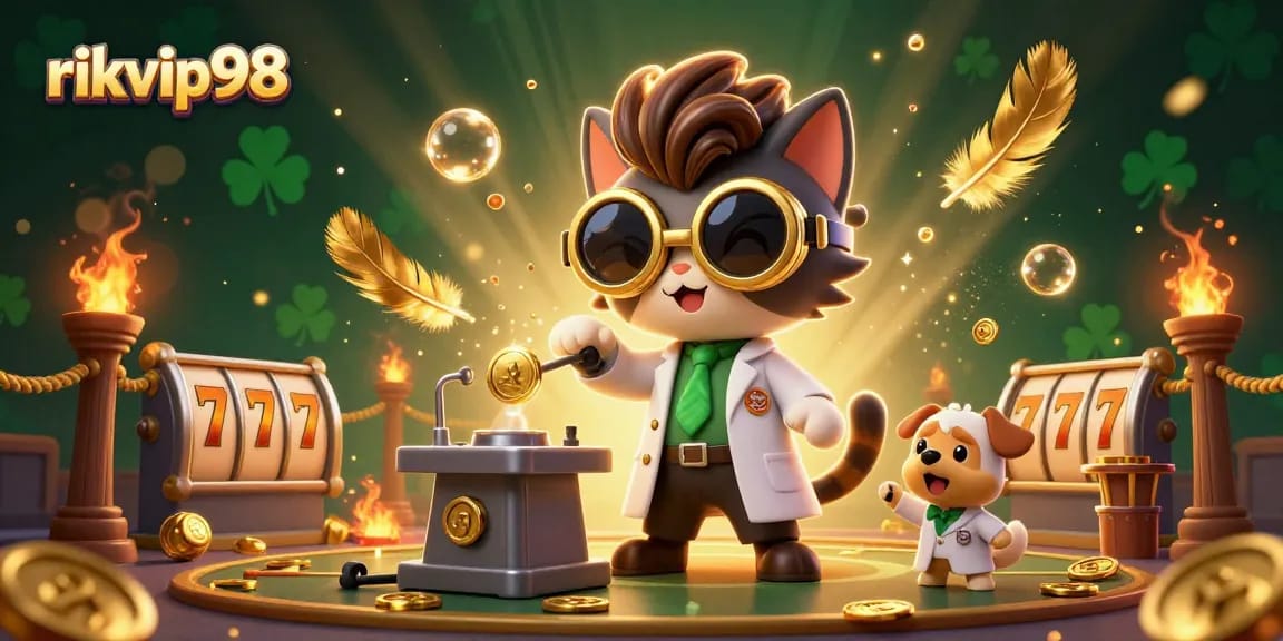 Engage with rikvip98's thrilling gameplay featuring a mad scientist cat and a dog in a lively casino scene.