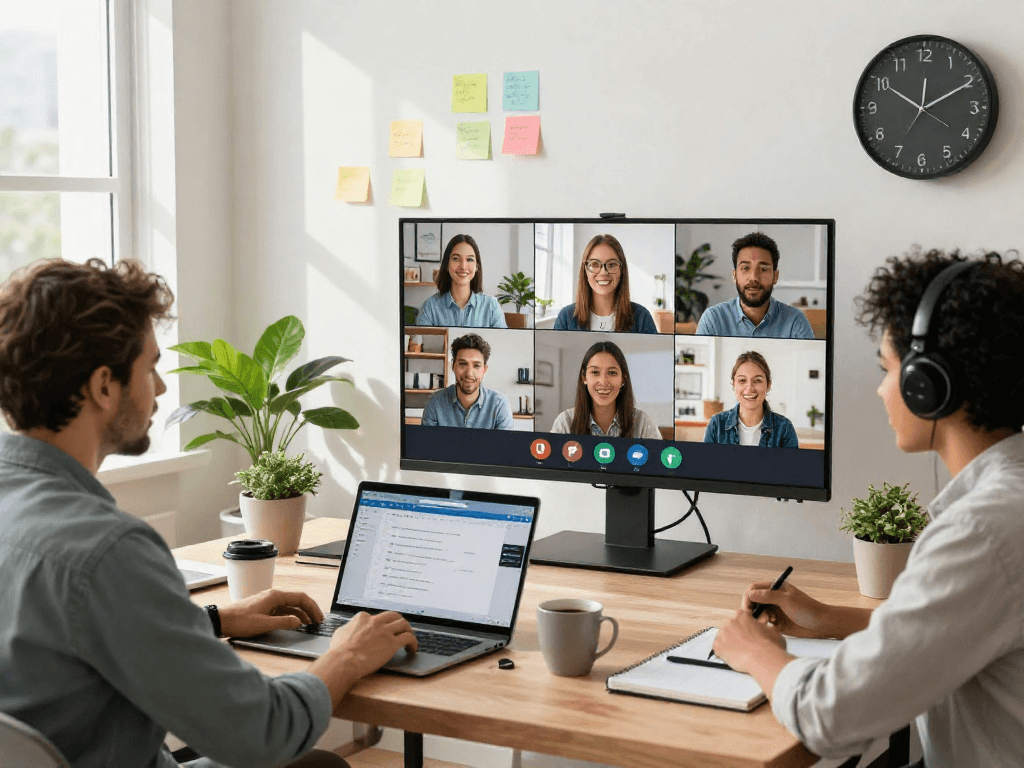 ToDesk application displayed on laptops during a remote work collaboration in a modern home office.