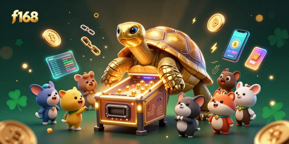 Experience thrilling gameplay at f168 with golden digital tortoise and crypto elements lighting up the scene.