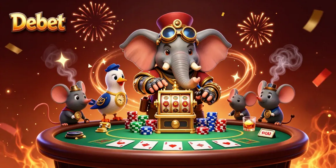 Win big with Debet at an exciting steampunk casino scene packed with vibrant action.