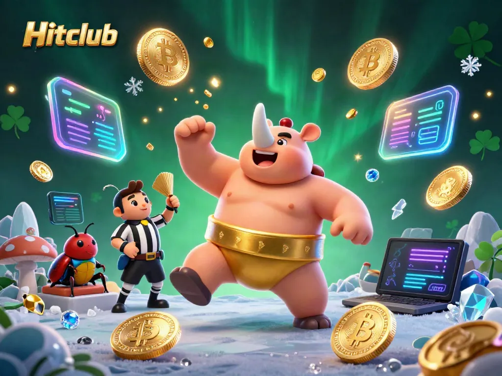 Experience the excitement of Hitclub with vibrant illustrations of a sumo champion beetle and crypto elements.