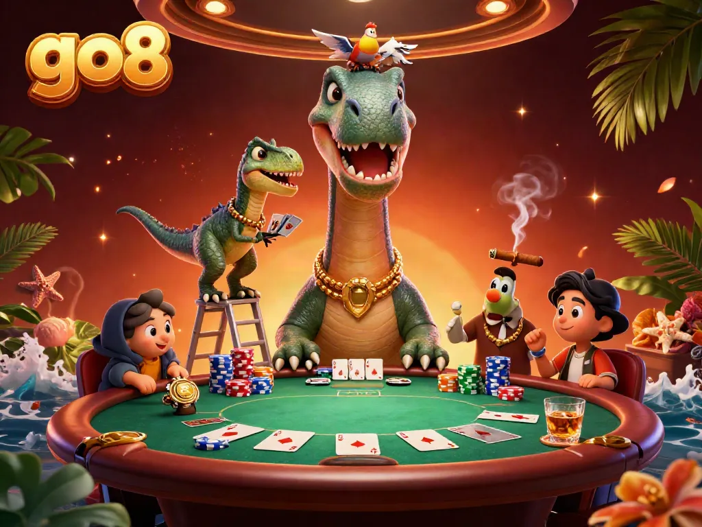 Go8 players celebrate a winning hand at a lively poker table with a playful dinosaur in a casino scene.
