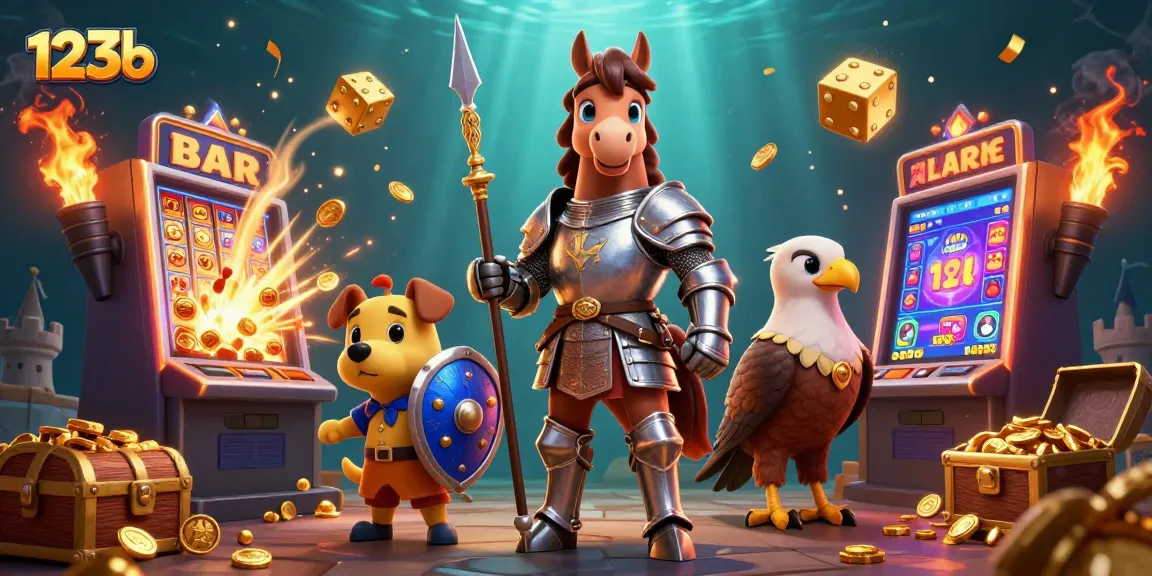 Engage with the 123b casino world, featuring a knight, puppy, and falcon among dynamic slot game elements.