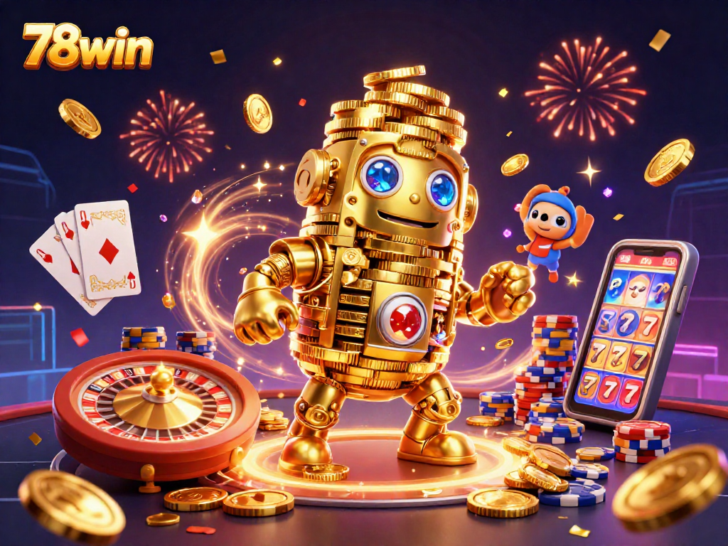 Spin and win at 78win with dynamic golden golem gambling illustration featuring vibrant casino elements.