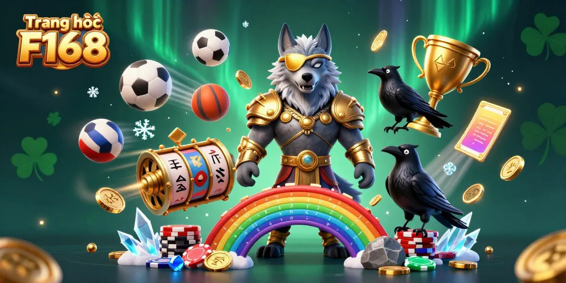 Experience the vibrant world of Trang chủ F168 through a dynamic casino scene filled with Odin and his ravens amidst spinning slot reels and flying sports elements.