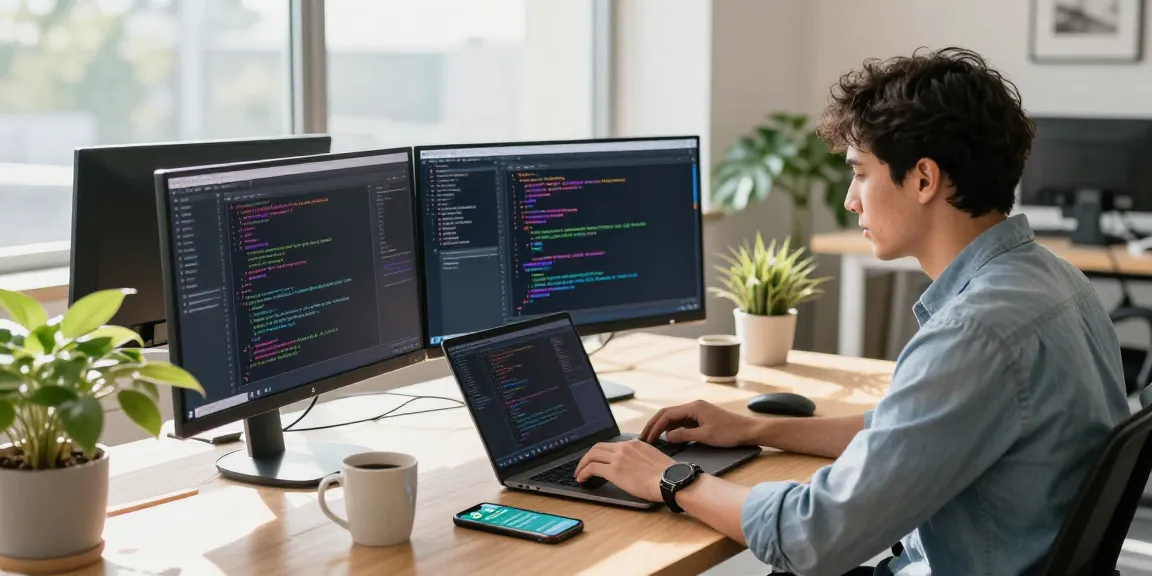 WhatsApp下載: Developer coding with dual monitors in a bright office.