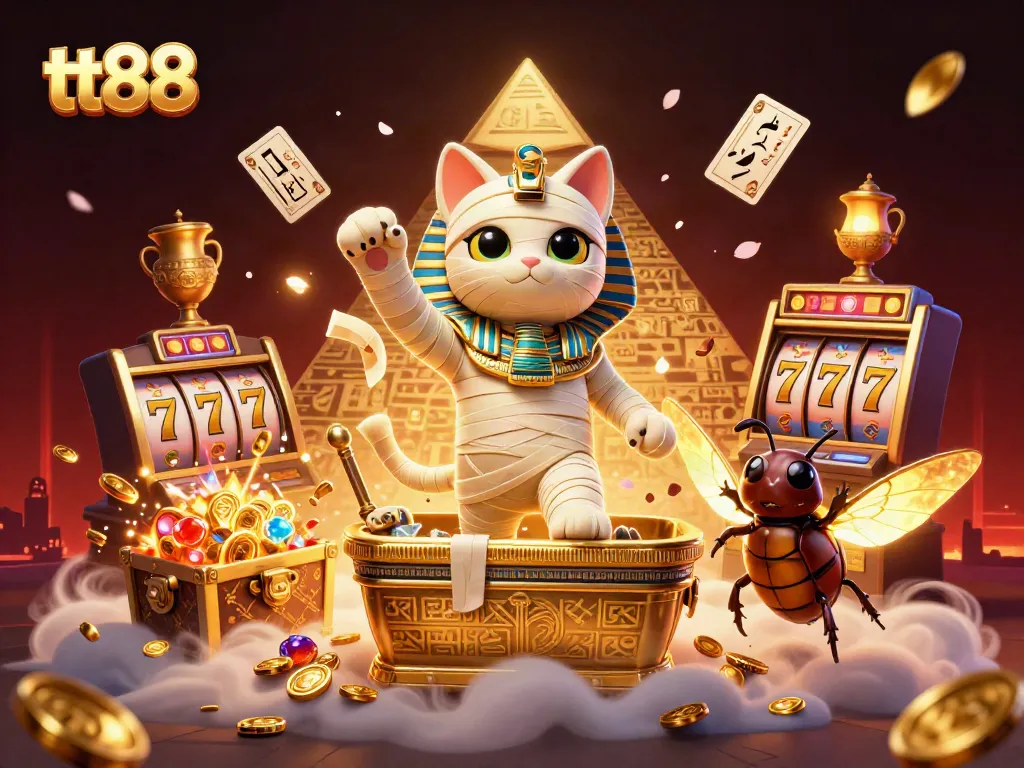 tt88 showcases a dynamic scene with an Egyptian mummy cat and glowing scarab, embodying exciting casino gameplay.