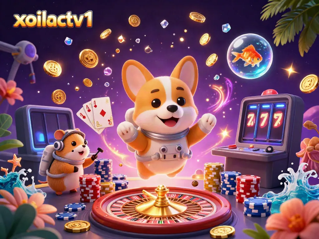 Experience the vibrant space casino chaos as xoilactv1's animated characters float amidst poker chips and gold.