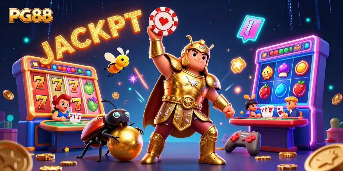 PG88 celebrates a jackpot victory with a vibrant casino-themed scene featuring playful characters, spinning slots, and neon elements.