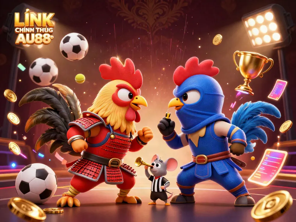 Engage in thrilling adventures with LINK CHÍNH THỨC AU88 2026, where fighting roosters clash amidst sports elements.