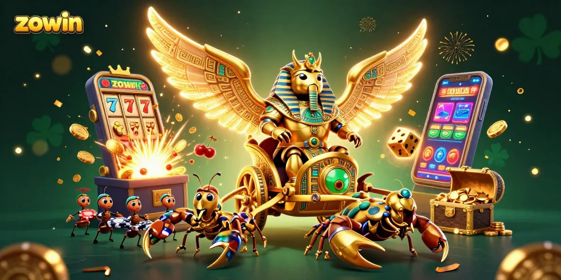Spin the reels with zowin's vibrant casino scene featuring gold, scorpions, and jackpots!