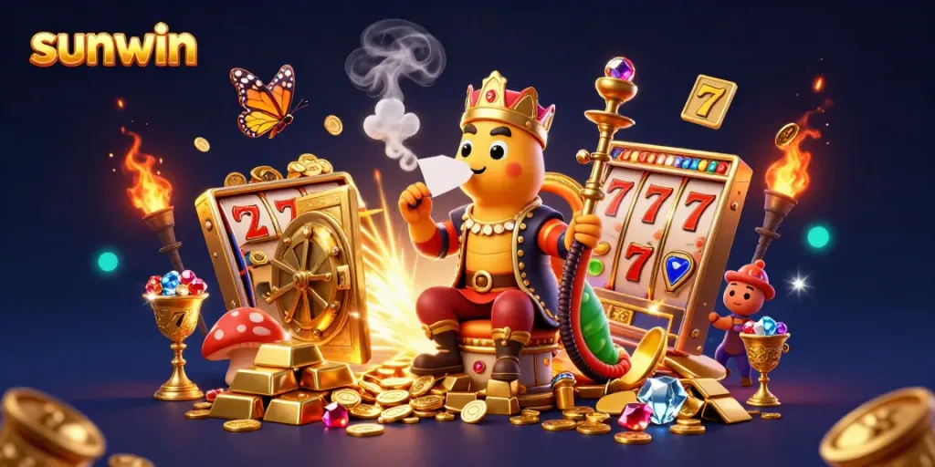 Experience the excitement of sunwin with vibrant slot reels, jackpots, and treasure in a colorful casino context.