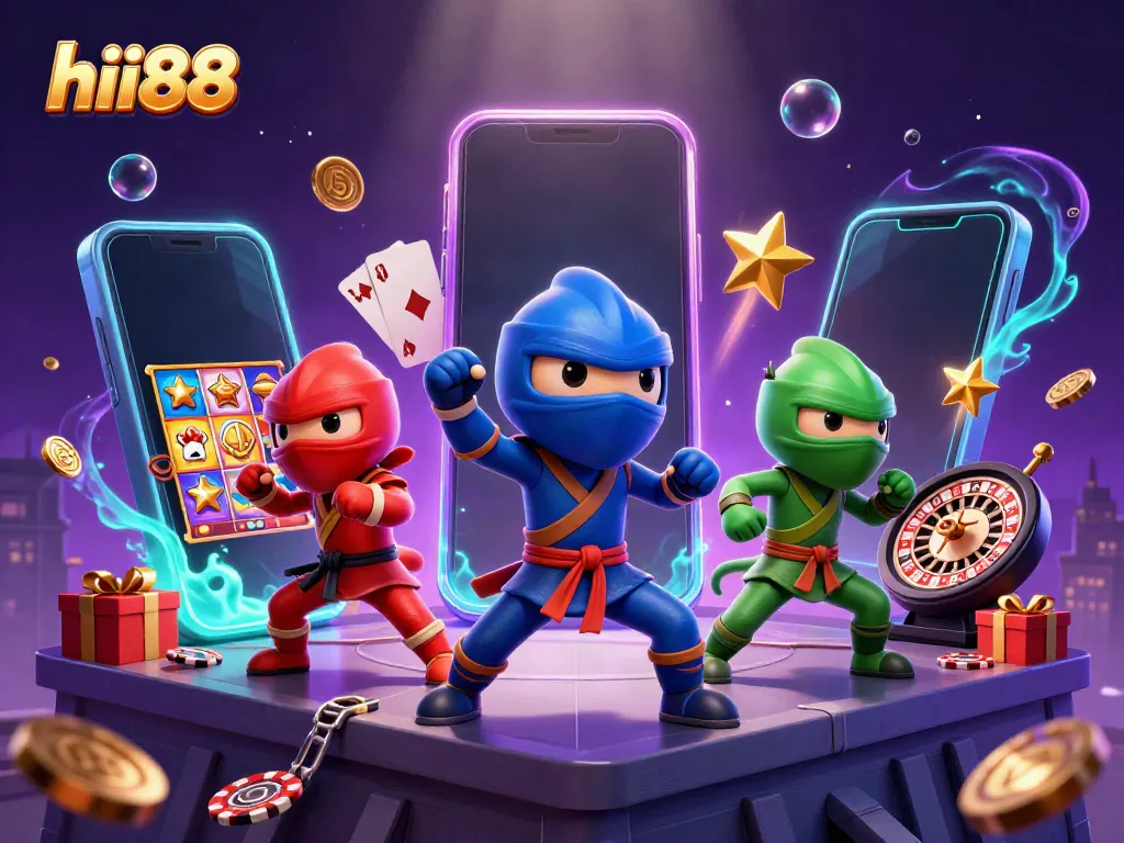 Engage in thrilling gaming adventures with hii88 as vibrant chameleon ninjas emphasize excitement in this dynamic casino-themed scene.
