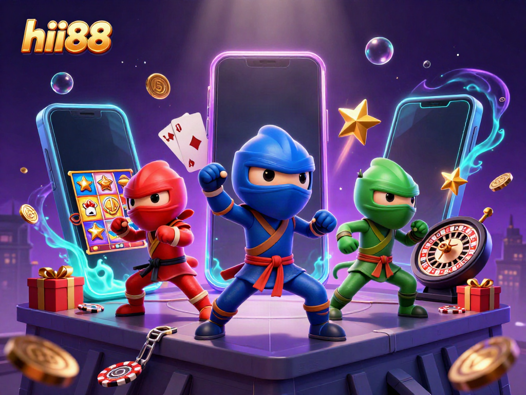 Engage in thrilling gaming adventures with hii88 as vibrant chameleon ninjas emphasize excitement in this dynamic casino-themed scene.