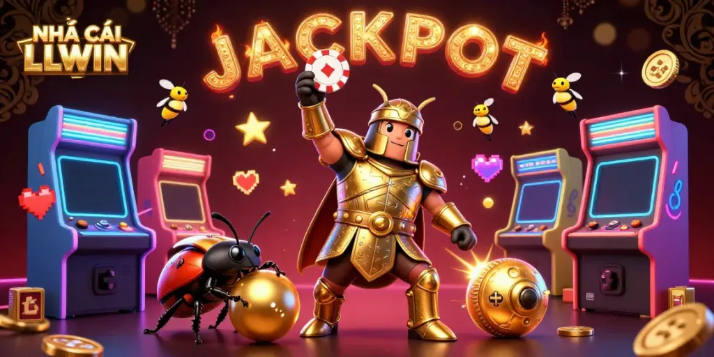 Experience the thrill at NHÀ CÁI LLWIN with a victorious beetle showcasing a jackpot in a vibrant 3D casino.