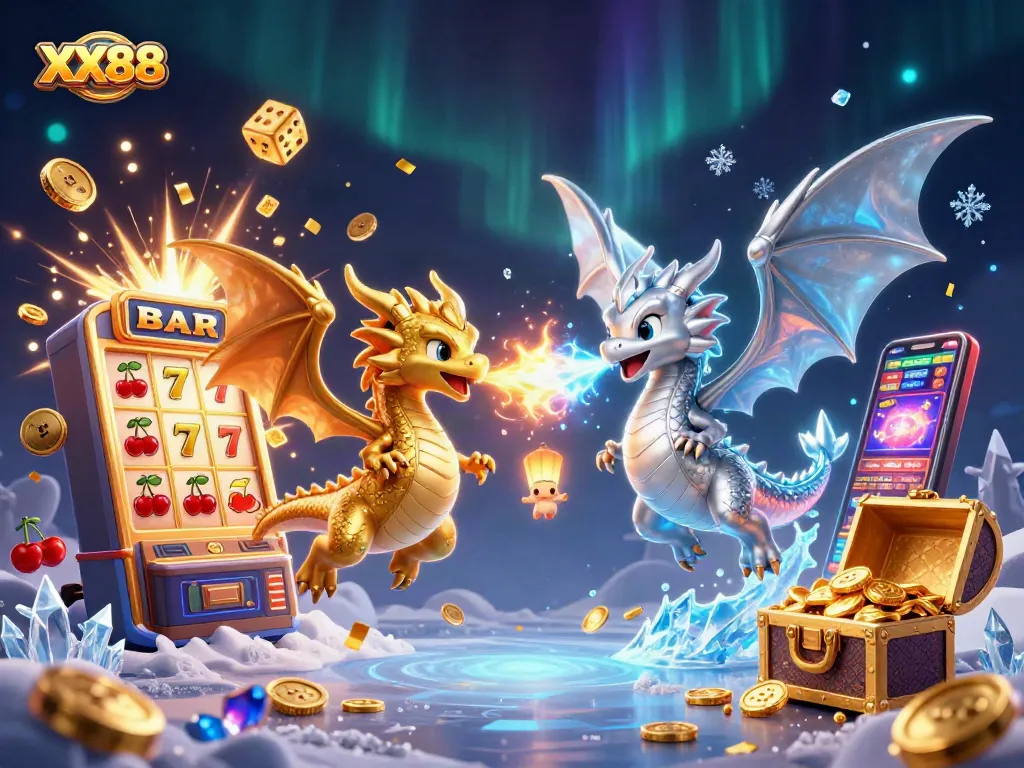 Experience the excitement of winning at XX88's dynamic casino with lively dragons and fortune symbols.