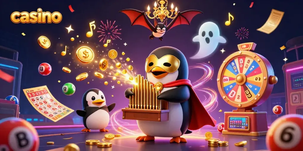 Cherish casino excitement with a penguin playing a golden organ showering coins in a vibrant scene