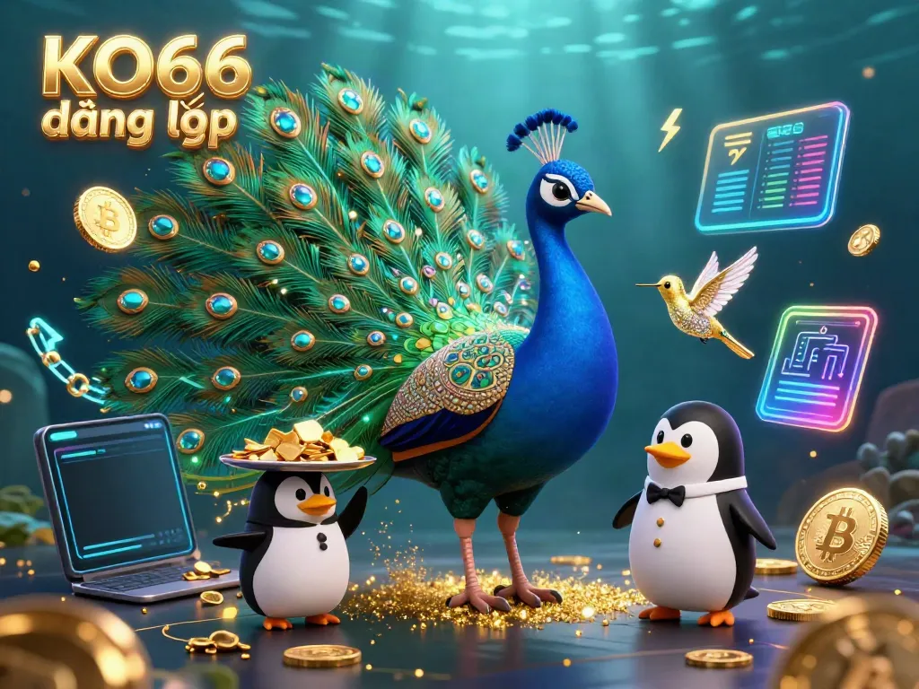 Engage with KO66 đăng nhập, featuring vibrant peacock and penguin characters in an immersive casino scene.