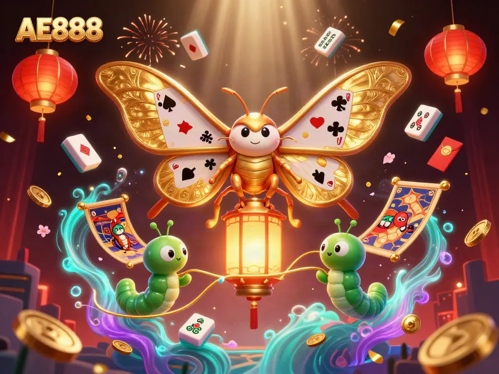 Engage with AE888's captivating casino scene featuring a golden moth and vibrant gaming elements.