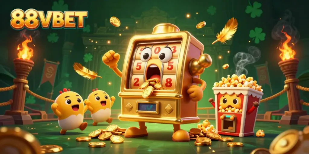 Experience the excitement of 88VBET with a lively scene of jackpot-winning slot machines celebrating their victories.