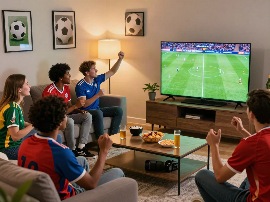 Friends enjoying a live football match on Gavangtv in a cozy living room